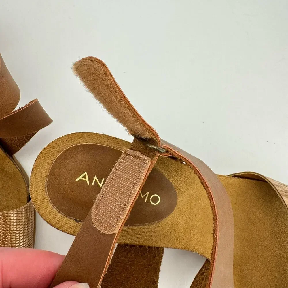 Andiamo Awanda Brown Faux Leather Zebra Striped Textured Block Heel Sandals Sz 8